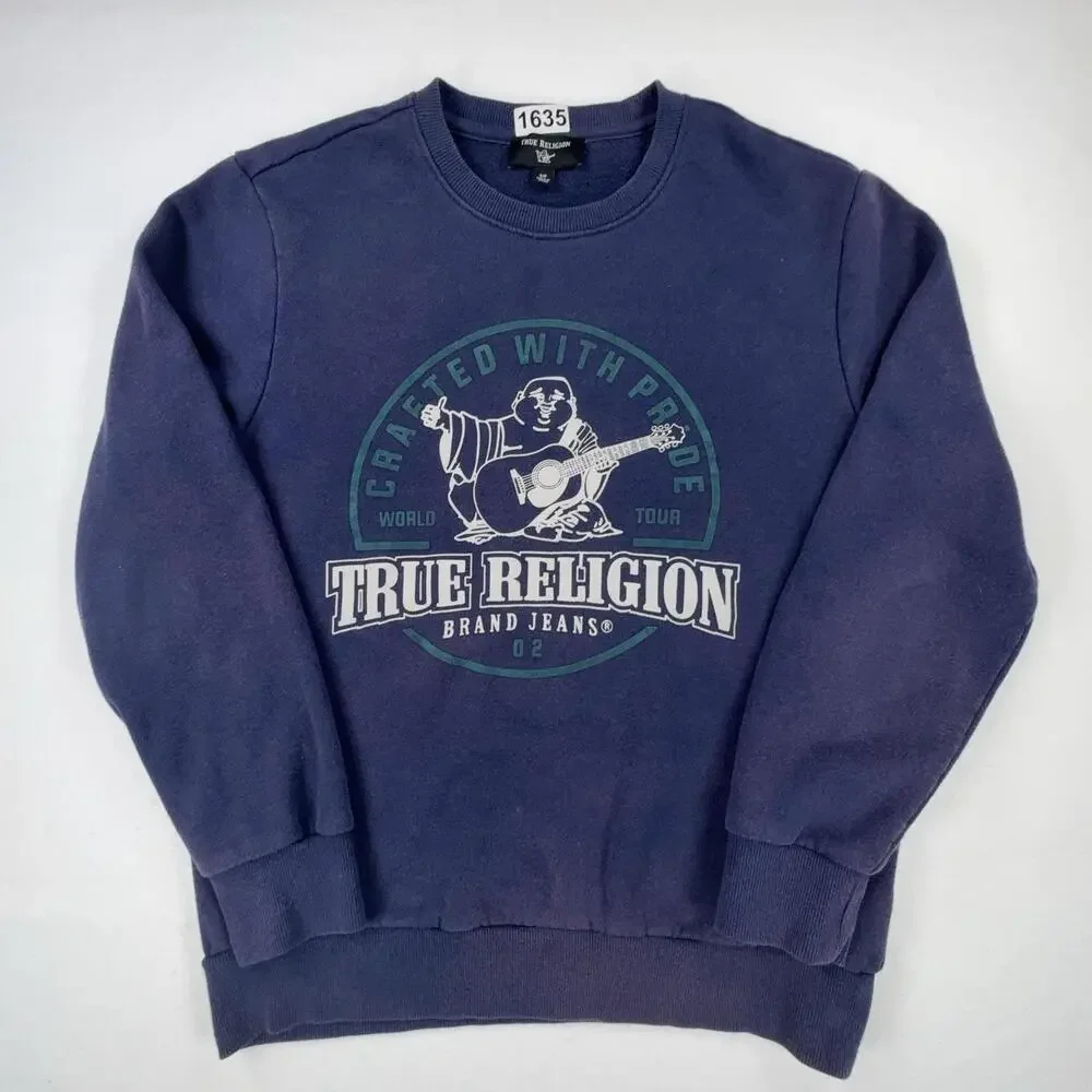 True Religion Sweatshirt Mens Small Blue Graphic Buddha Guitar Fleece Logo